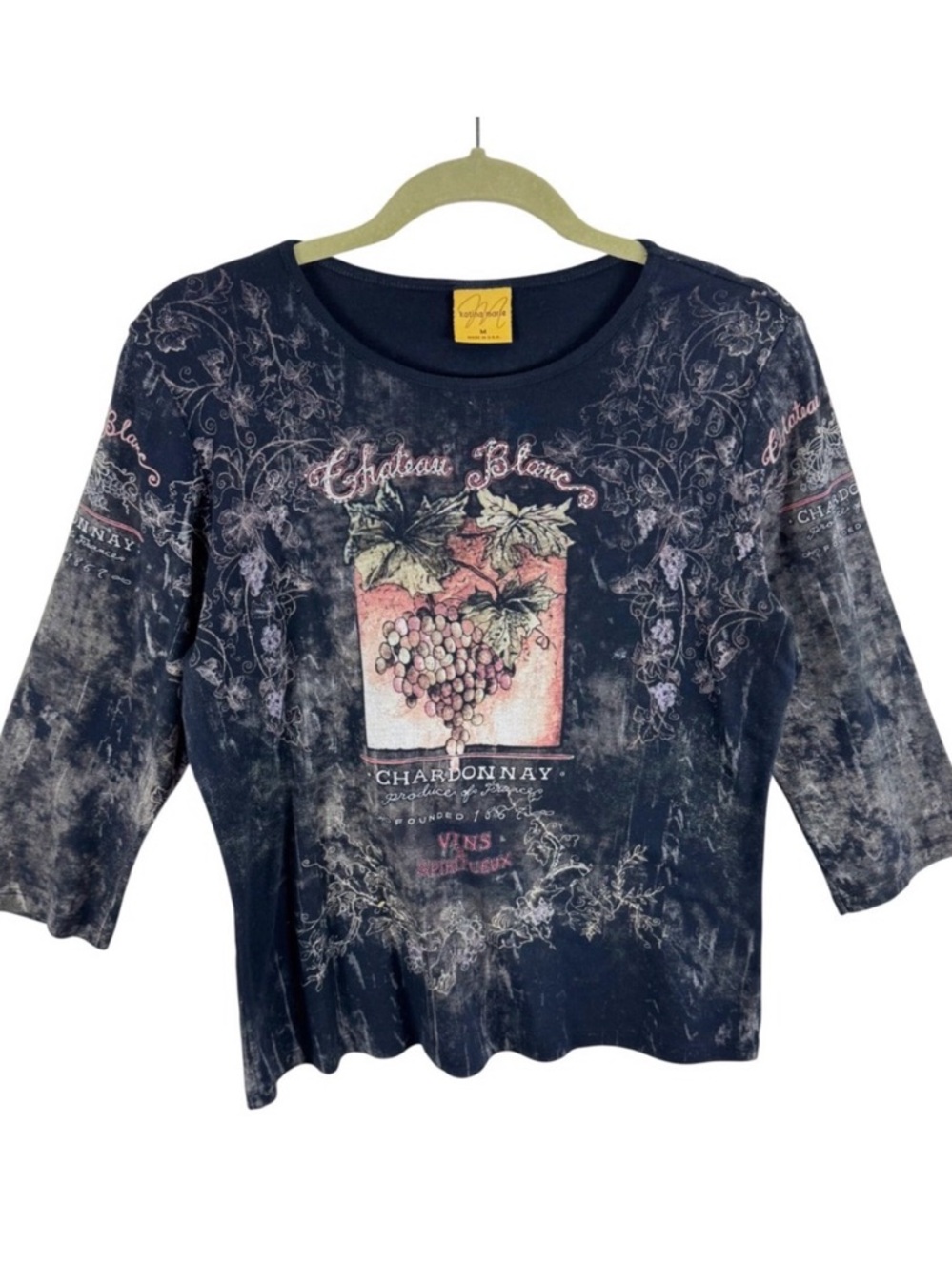 Katina Marie Y2K Womens Black Acid Wash Wine Graphic 3/4 Sleeve Top Rhinestone M
